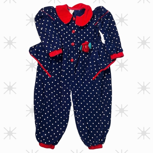 unknowm Other - vintage girl's navy blue romper polka dots red collar Sz4 100% Cotton